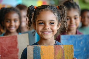 School children holding handmade signs celebrating Constitution Day.