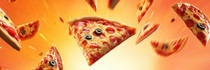 Poster - Colorful slices of pizza soar diagonally across a bright background, adding a lively touch and inviting creativity for any text placement. Generative AI