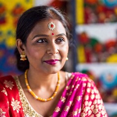 A close-up portrait of a old Indian woman with a serene gaze, captured at eye level. The deep focus emphasizes her traditional necklace and the playful pop art backdrop filled with whimsical patterns