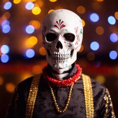 extreme macro Dia de los Muertos skeleton costume, set against a backdrop of festive lights and music.