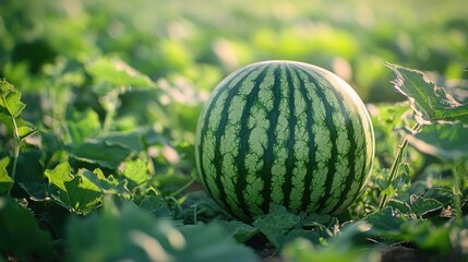 Wall Mural - a ripe watermelon sits in a field of green vines, ready for harvest.