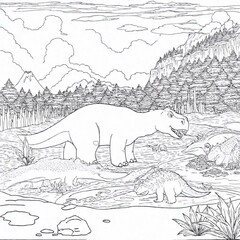 A coloring page of a group of friendly cartoon dinosaurs roaming through a prehistoric landscape, with volcanoes and trees waiting for colorful creativity