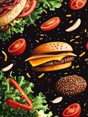 Poster - A vibrant assortment of burger ingredients is creatively scattered, showcasing fresh lettuce, juicy tomatoes, cheese, and meat. Generative AI