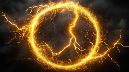 Poster - A 3D render of a glowing yellow lightning ring on a black background, representing an energy light effect concept. This abstract electric storm in the dark sky features a powerful, glowing energy port
