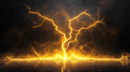 Poster - A 3D render of a glowing yellow lightning ring on a black background, representing an energy light effect concept. This abstract electric storm in the dark sky features a powerful, glowing energy port