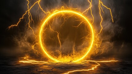 Poster - A 3D render of a glowing yellow lightning ring on a black background, representing an energy light effect concept. This abstract electric storm in the dark sky features a powerful, glowing energy port