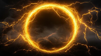 Poster - A 3D render of a glowing yellow lightning ring on a black background, representing an energy light effect concept. This abstract electric storm in the dark sky features a powerful, glowing energy port
