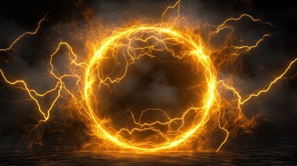 Poster - A 3D render of a glowing yellow lightning ring on a black background, representing an energy light effect concept. This abstract electric storm in the dark sky features a powerful, glowing energy port
