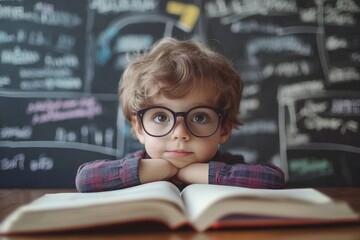 Curious child in glasses studying at school with open book