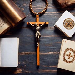 A flatlay image capturing a Polish Wigilia table with a split diopter effect, emphasizing both the close-up details of religious symbols such as a crucifix and prayer cards, and the wider scene of