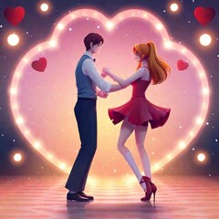 Valentine's Day date scene in anime style art style. medium long shot with shallow focus, featuring a couple dancing under twinkling fairy lights, viewed from eye level. heart icons around