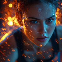 Wall Mural - female athlete surrounded by sparks as she trains intensely her gaze focused and determined