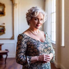 A middle-aged woman with elegantly styled gray hair, standing poised in a flowing Victorian dress and bonnet, surrounded by the rich decor of a 19th-century hall with ornate moldings and antique