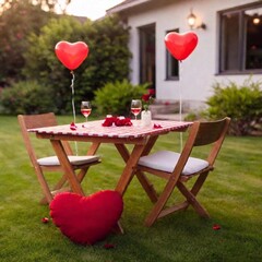 romantic table setting with flowers in garden