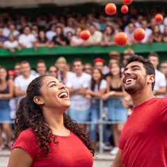 Low Angle Shot: A young Hispanic male and female throwing  bright red tomatoes, laughing and enjoying the La Tomatina festival, with the background of the crowd softly blurred