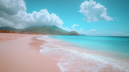 A scenic view of a pristine beach with white sand, crystal clear turquoise water, and lush green hills in the background under a blue sky with white clouds.