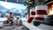 © Pinklife - Striped Christmas socks hang on a fireplace mantle with a snow-covered landscape and decorated tree visible through the window, elements of winter.