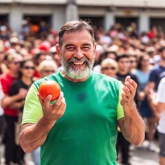 old Latin male with joy participates in La Tomatina festival, man holding red tomato, blurred background with crowd of people throwing tomatoes