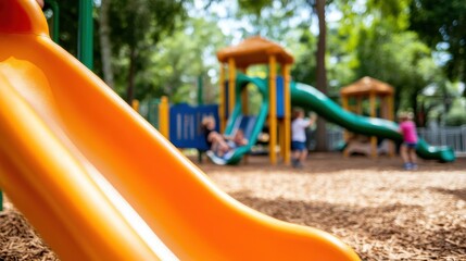 A brightly colored playground scene features an orange slide in the foreground, with children playing, representing a lively and energetic environment.