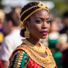 Ethnic-themed extreme macro image of a black woman at a traditional ceremony, featuring a split diopter and over-the-hip angle. The portrait captures the young adult woman's serene expression and