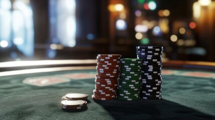 Poker chips stacked on a casino table