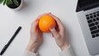 © AImg - Female hands holding orange stress ball at organized work desk. Laptop, pen, flowerpot. Stress relief in professional workspace template advertising image. Mock up product photorealistic