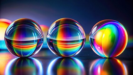 Rainbow glowing colors refracted behind crystal balls on dark background