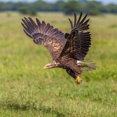 Wall Mural - An eagle hunting over a savanna with other wildlife in the background