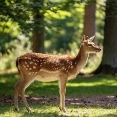 A medium shot of a deer in a forest clearing, with rack focus transitioning from the deer's elegant antlers in the foreground to the softly focused, sun-dappled forest in the background