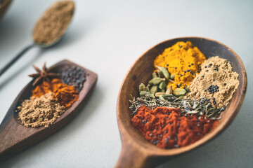 Spoon, spices and closeup in studio for recipe, flavor and seasoning in Indian cuisine. Utensils, powder and healthy herbs on white background for spicy meal, cooking preparation and culinary skill