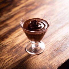 Wall Mural - A top-down view of a chocolate mousse in a delicate glass cup, with the mousse in sharp focus and the table surface and background softly fading, capturing the smooth and creamy texture of the