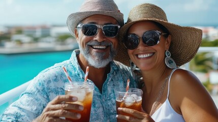 A happy couple wearing sun hats and sunglasses clink their iced drinks on a sunny outdoor terrace, with clear blue skies and an ocean in the background, celebrating joy.