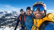 © Pinklife - A group of climbers in colorful jackets and gear stand on a snow-covered mountain peak, smiling and enjoying the breathtaking view under a clear blue sky.