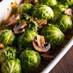 Polish Christmas Eve dinner at eye level, focusing on Cabbage with mushrooms. macro closeup photo