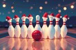 © Ksu - Christmas bowling, skittles in small Santa hats on the lane in a bowling alley decorated for Christmas, new year card