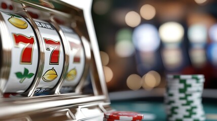 A slot machine win featuring triple sevens with poker chips, surrounded by a vivid bokeh lighting effect, conveys the excitement of a casino victory.