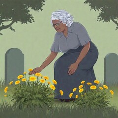 cartoon illustration of old grey hair black woman placing marigolds at a grave, moody cemetery backdrop