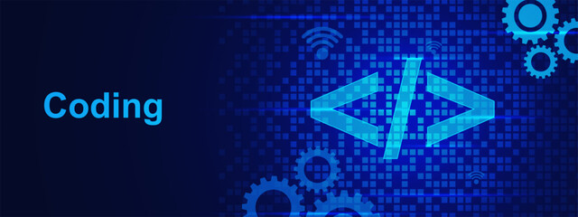 Abstract coding and programming banner background with digital binary data, gears and digital pixels on dark blue