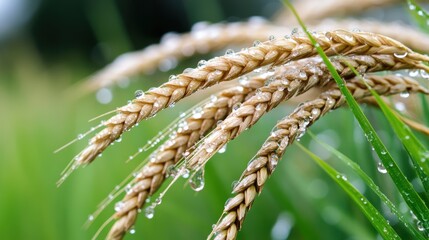 The image presents a detailed view of wheat ears moistened by water, glistening beautifully in sunlight with a lush and vivid green background offering tranquility.