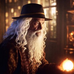 portrait of an old fashioned man with a magic lamp and a magic wand.