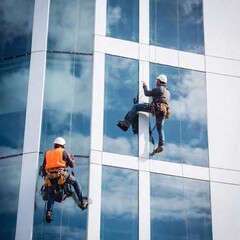 A photo of two construction workers installing windows on a high-rise building, with safety gear and ropes visible