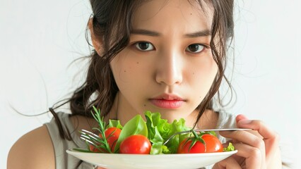 Asian woman on a diet, grimacing at vegetables on her fork, white background