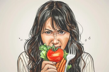 Asian woman on a diet, grimacing at vegetables on her fork, white background