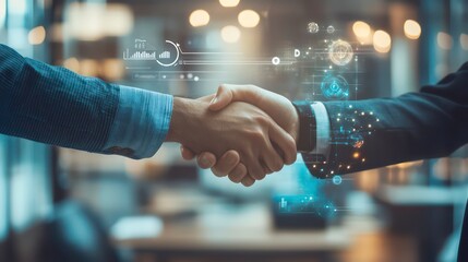 Poster - Two businessmen shaking hands with digital data and charts surrounding them, symbolizing a successful partnership.