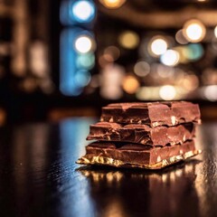 Wall Mural - bar of chocolate, with the bar in sharp focus and the background gently fading into a blurred backdrop, emphasizing its rich and fudgy texture