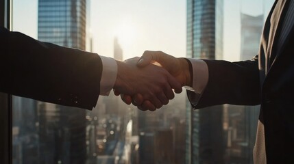 Two executives shaking hands with strained expressions. Featuring a high-rise office view. Showcasing a tense business agreement. Ideal for business negotiations