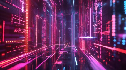 Poster - A neon-lit hallway of digital data, creating a futuristic and abstract environment.