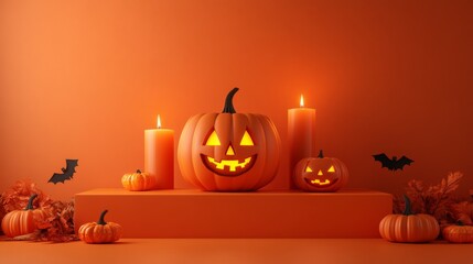 Product display podium with 3D Jack O' Lantern pumpkins and glowing candles, set against an orange paper graphic background for Halloween