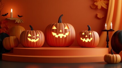 Product display podium with 3D Jack O' Lantern pumpkins and glowing candles, set against an orange paper graphic background for Halloween