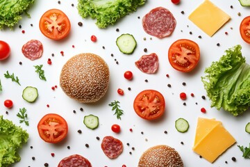Poster - Fresh ingredients for a delicious burger are artistically arranged with lettuce, tomatoes, cheese, and sliced meat on a white background. Generative AI